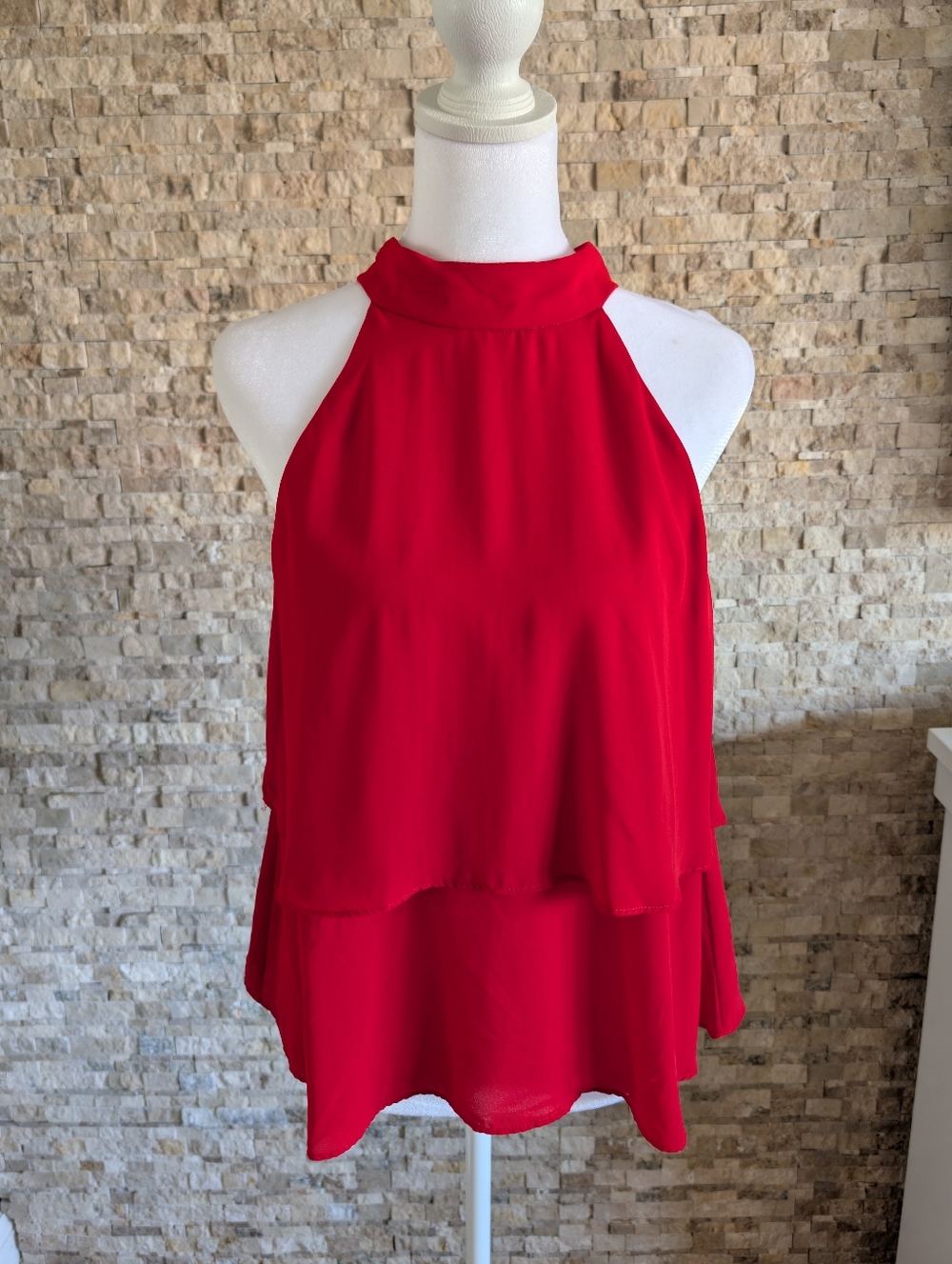 Zara Halter Tie Neck Flounce Tiered Sleeveless Blouse Tank Red Going Out Top Med